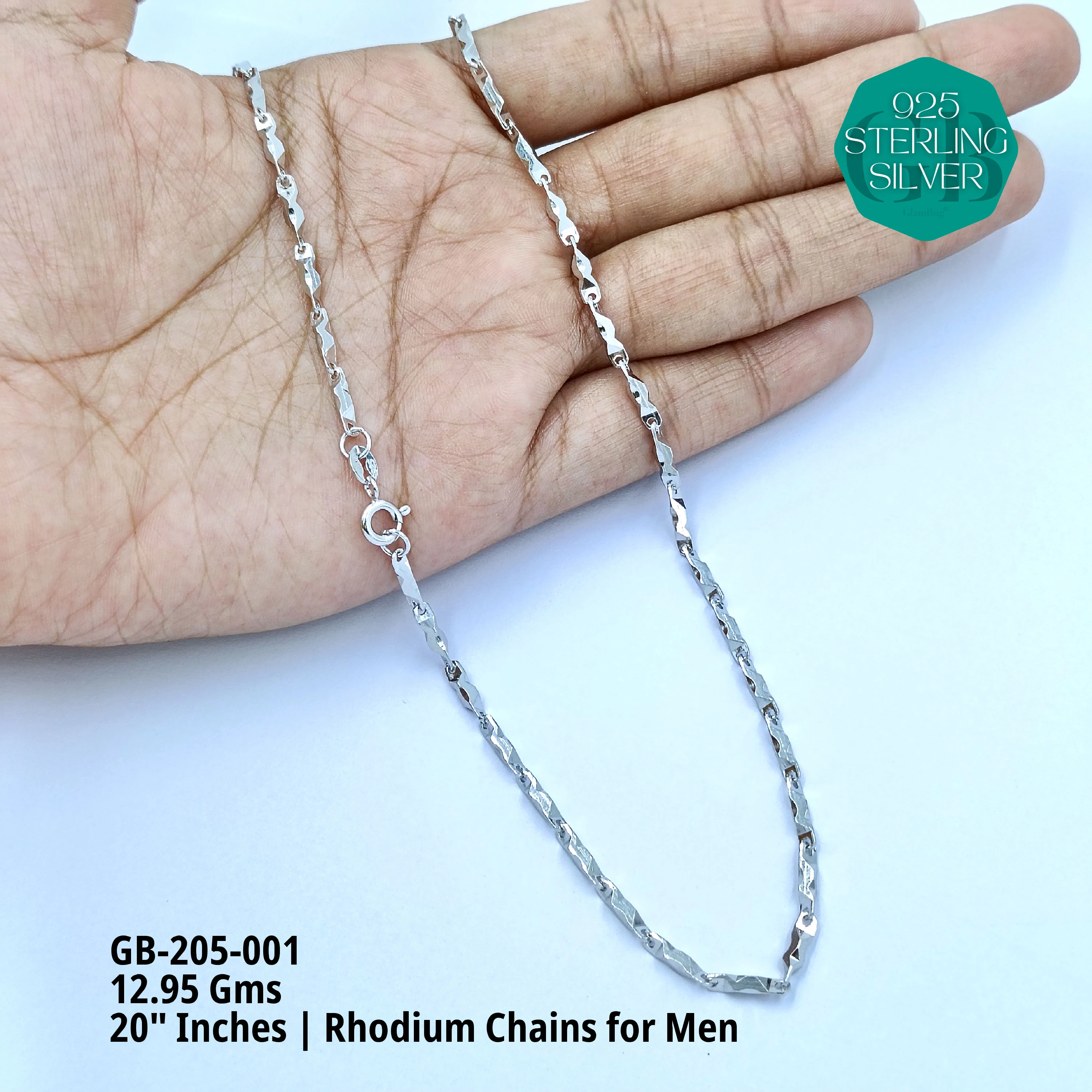 MAN RHODIUM CHAINS A+ - Premium 925 Silver Jewellery - SKU: GB-205-001 - Hyderabad Silver Importers