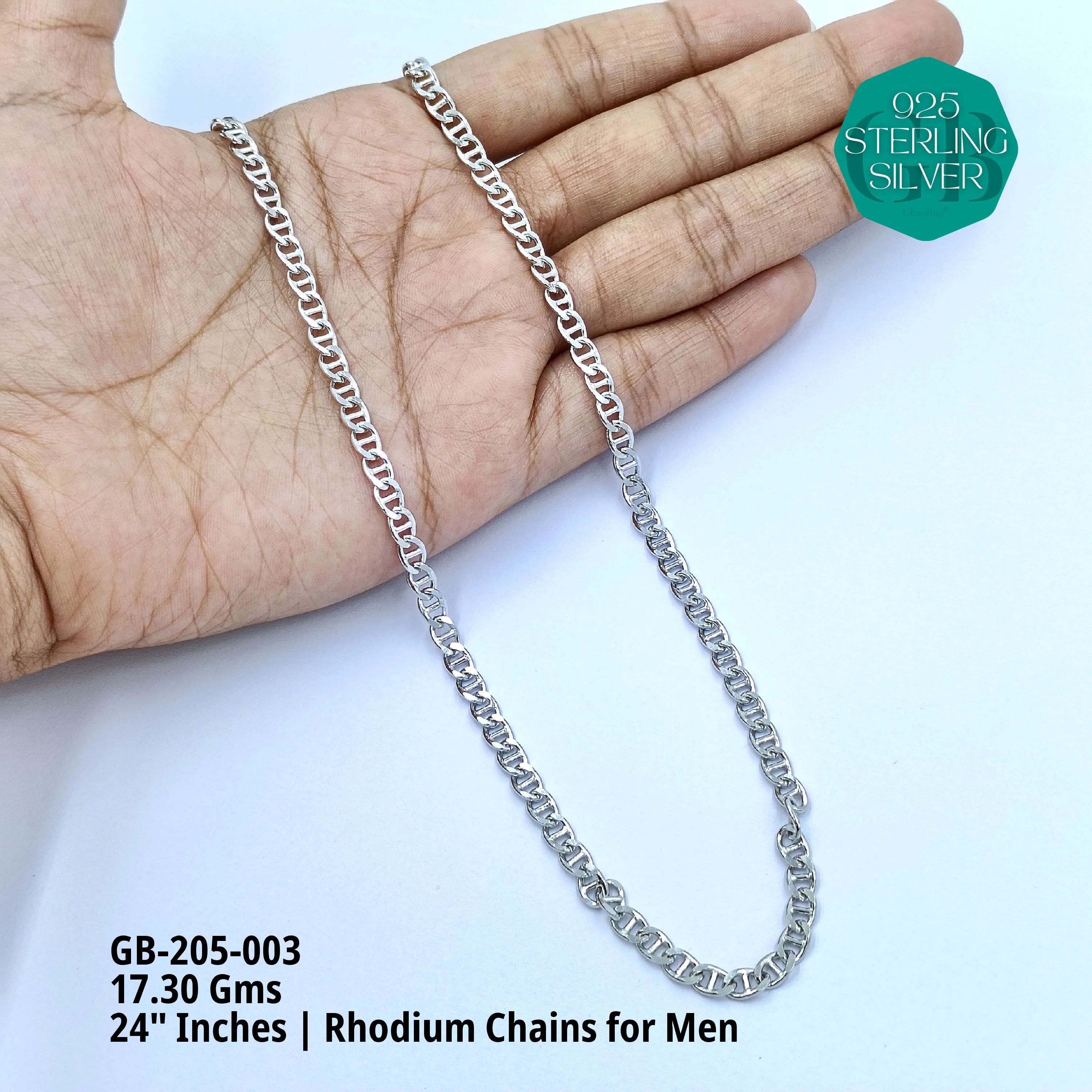 MAN RHODIUM CHAINS A+ - Premium 925 Silver Jewellery - SKU: GB-205-003 - Hyderabad Silver Importers