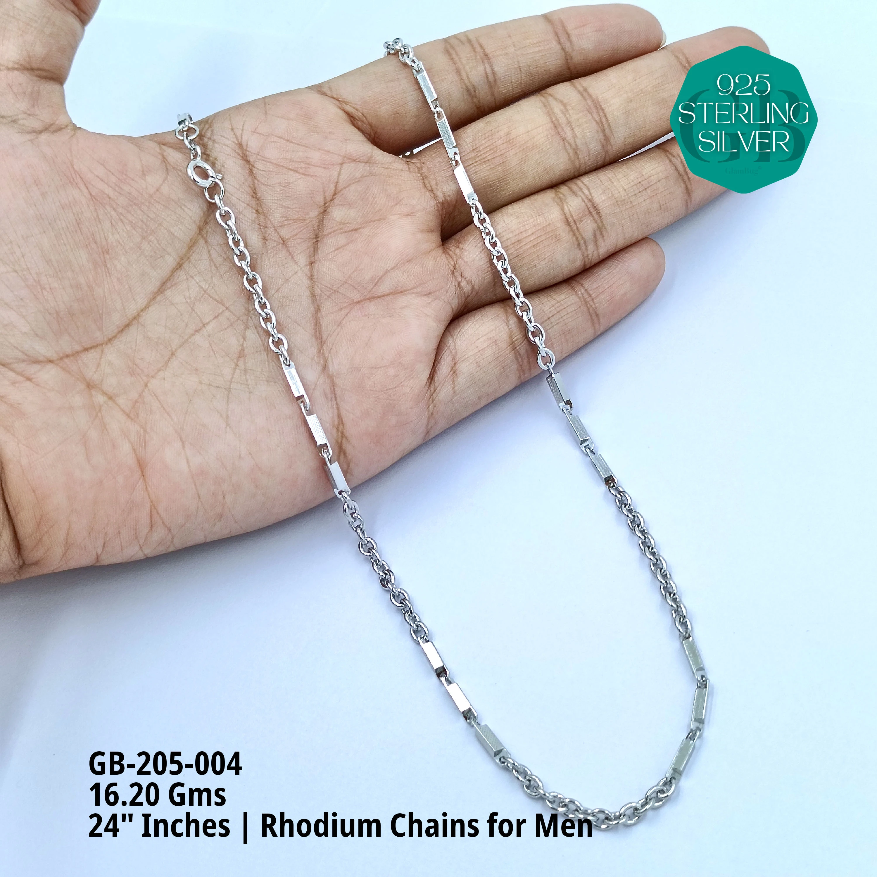 MAN RHODIUM CHAINS A+ - Premium 925 Silver Jewellery - SKU: GB-205-004 - Hyderabad Silver Importers