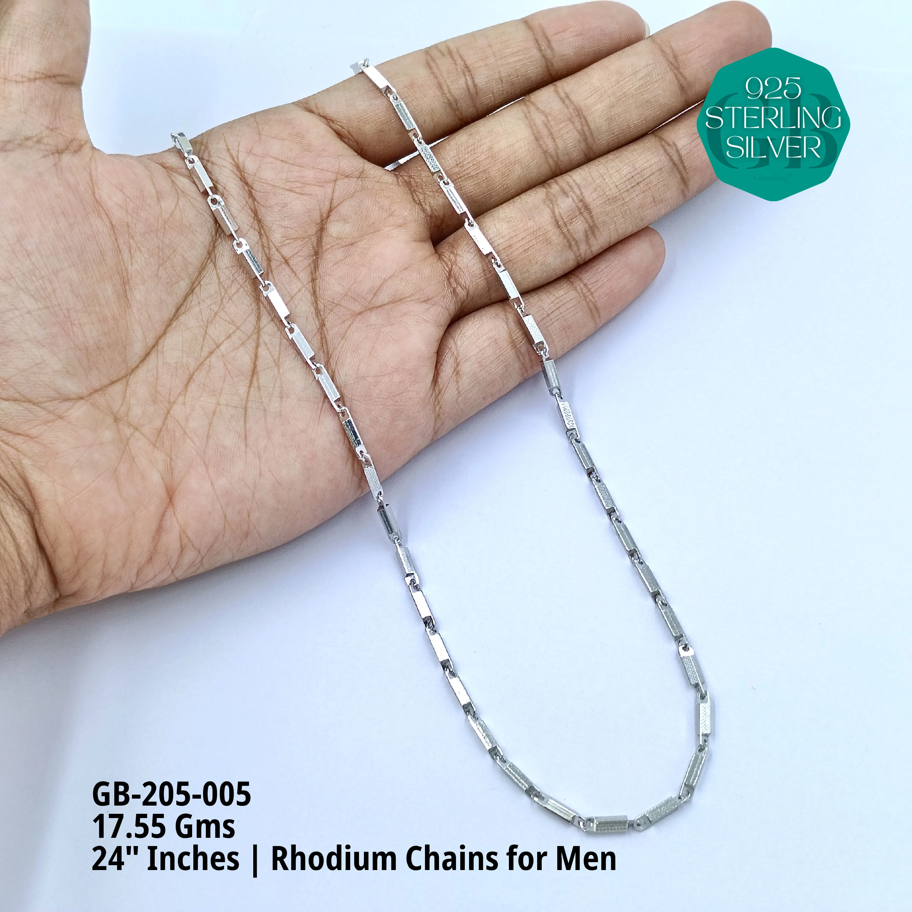MAN RHODIUM CHAINS A+ - Premium 925 Silver Jewellery - SKU: GB-205-005 - Hyderabad Silver Importers