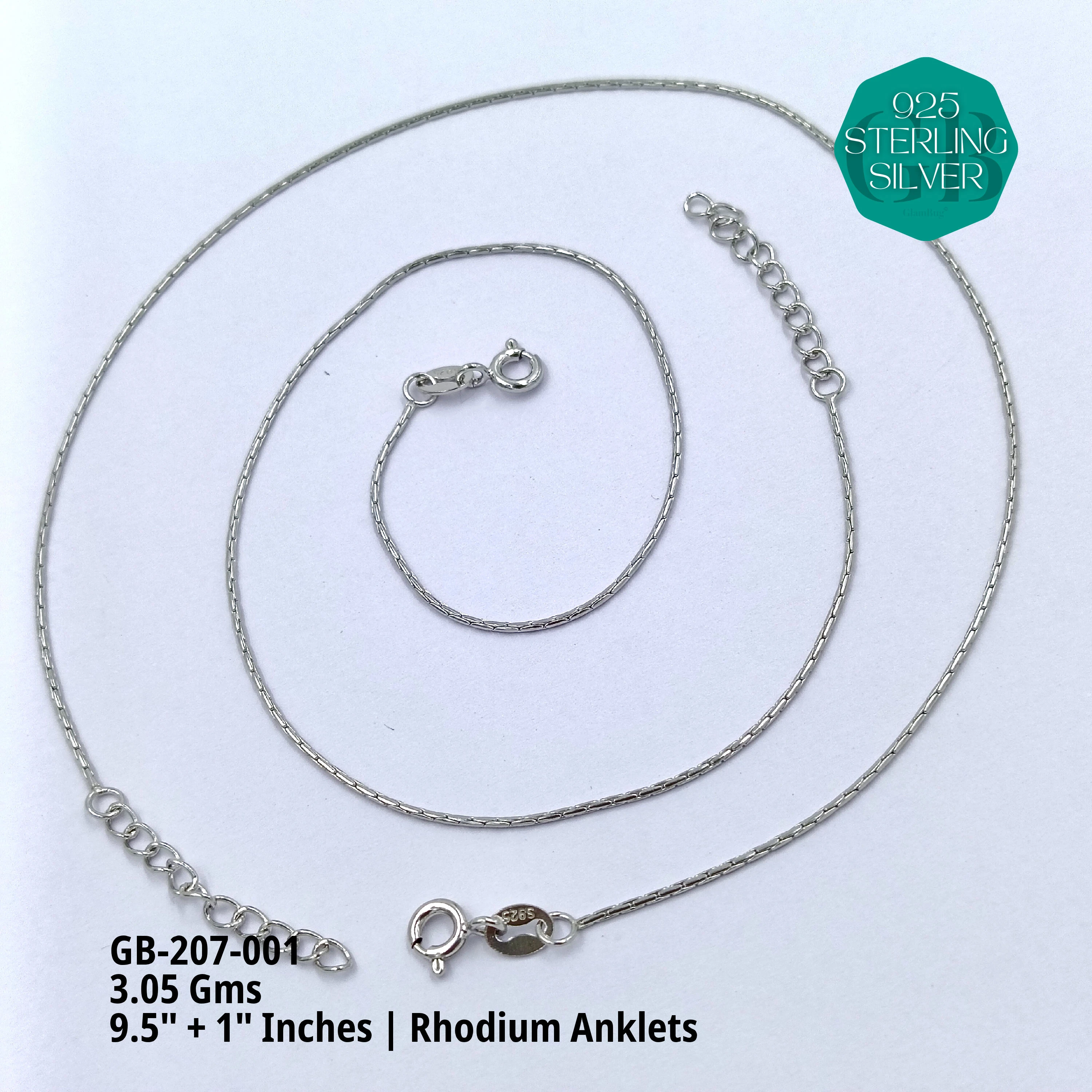 PLAIN RHODIUM CHAIN ANKLETS - Premium 925 Silver Jewellery - SKU: GB-207-001 - Hyderabad Silver Importers