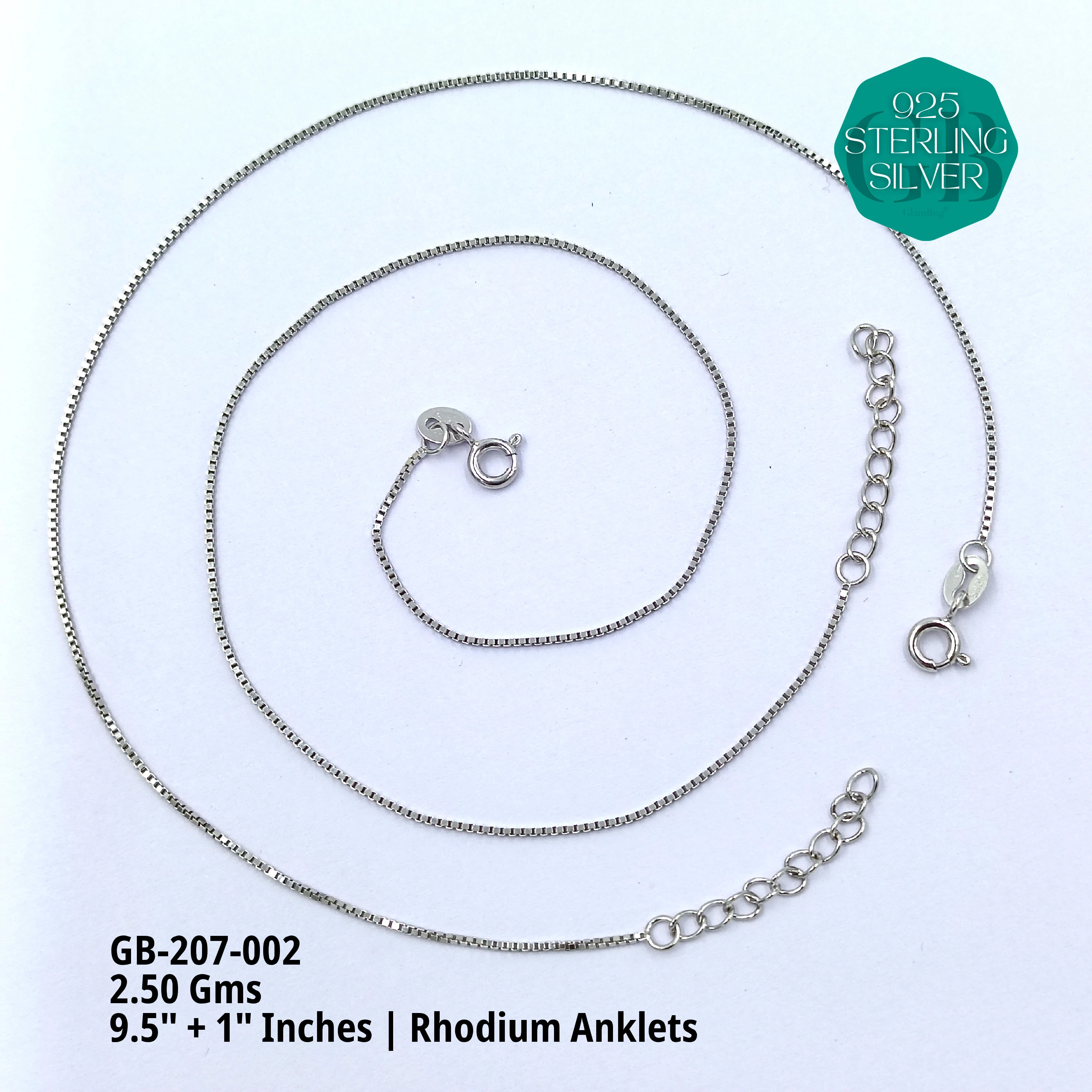 PLAIN RHODIUM CHAIN ANKLETS - Premium 925 Silver Jewellery - SKU: GB-207-002 - Hyderabad Silver Importers