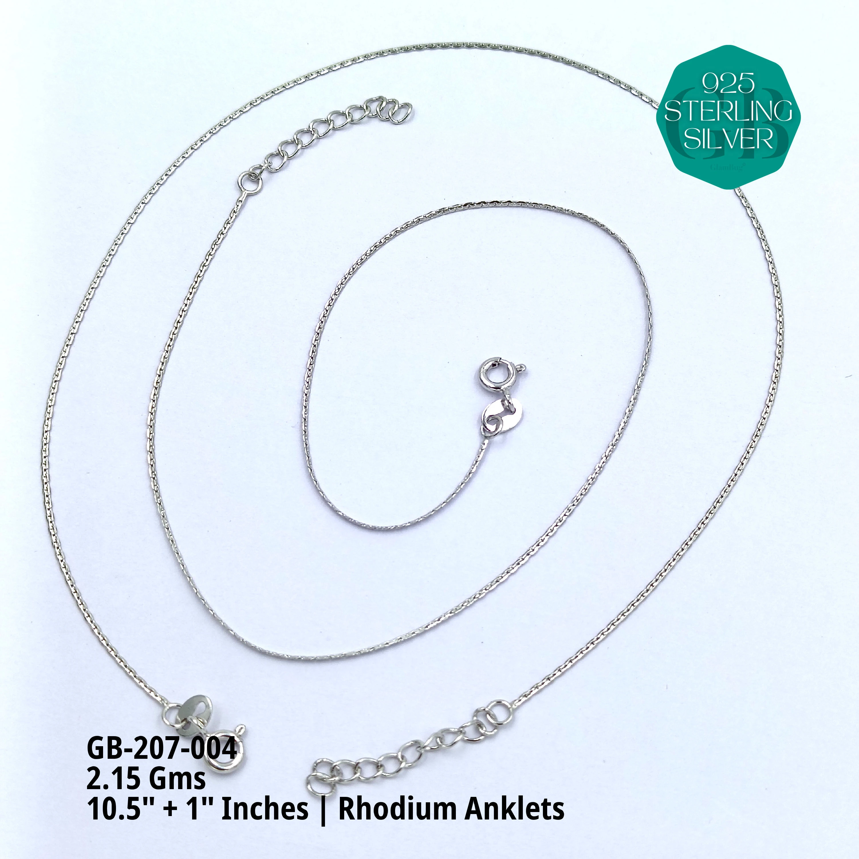 PLAIN RHODIUM CHAIN ANKLETS - Premium 925 Silver Jewellery - SKU: GB-207-004 - Hyderabad Silver Importers