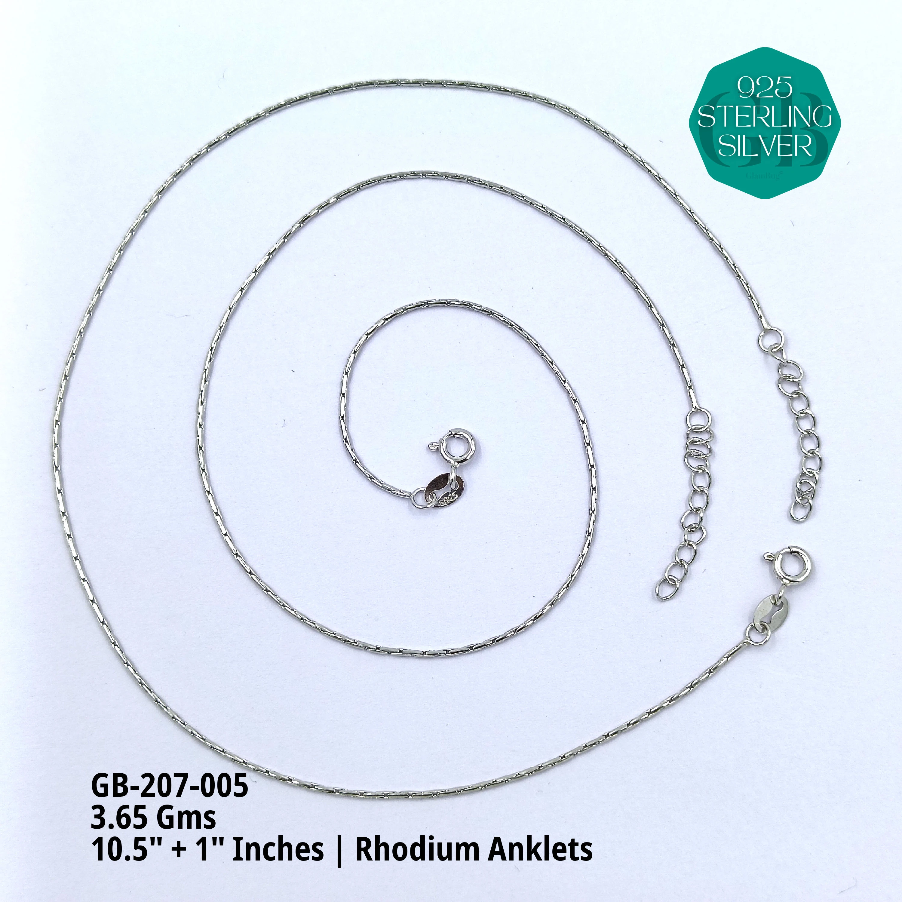 PLAIN RHODIUM CHAIN ANKLETS - Premium 925 Silver Jewellery - SKU: GB-207-005 - Hyderabad Silver Importers