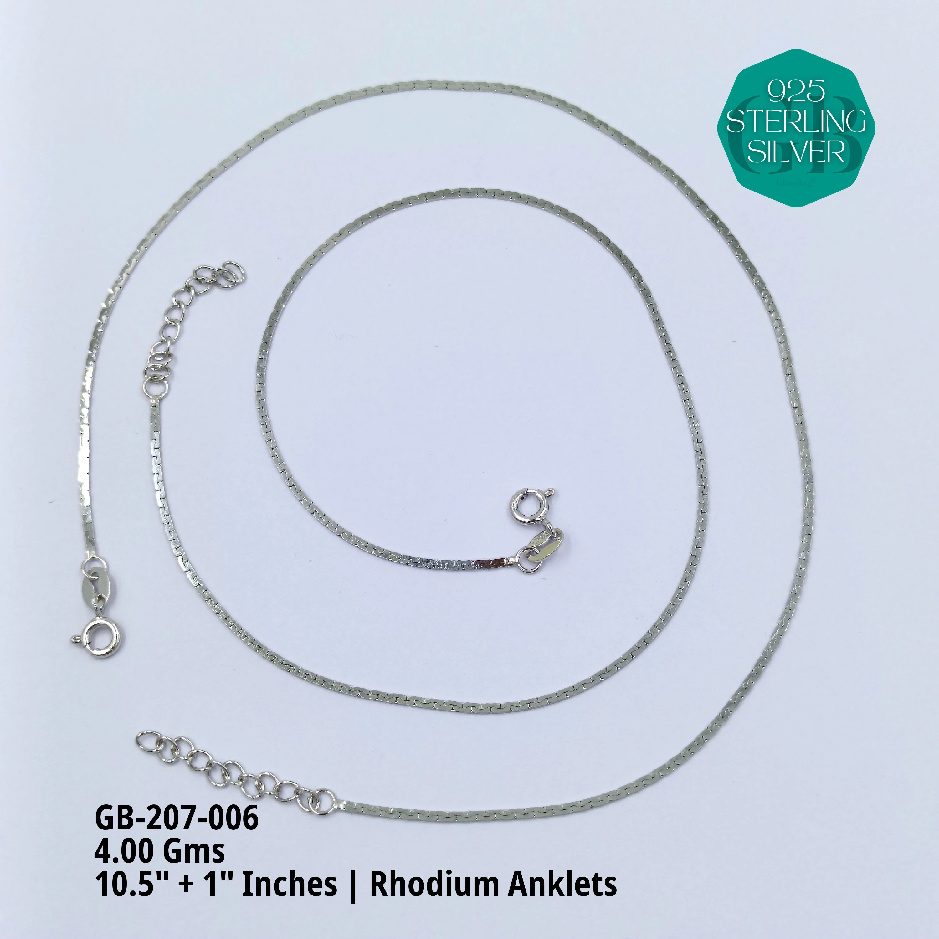 PLAIN RHODIUM CHAIN ANKLETS - Premium 925 Silver Jewellery - SKU: GB-207-006 - Hyderabad Silver Importers
