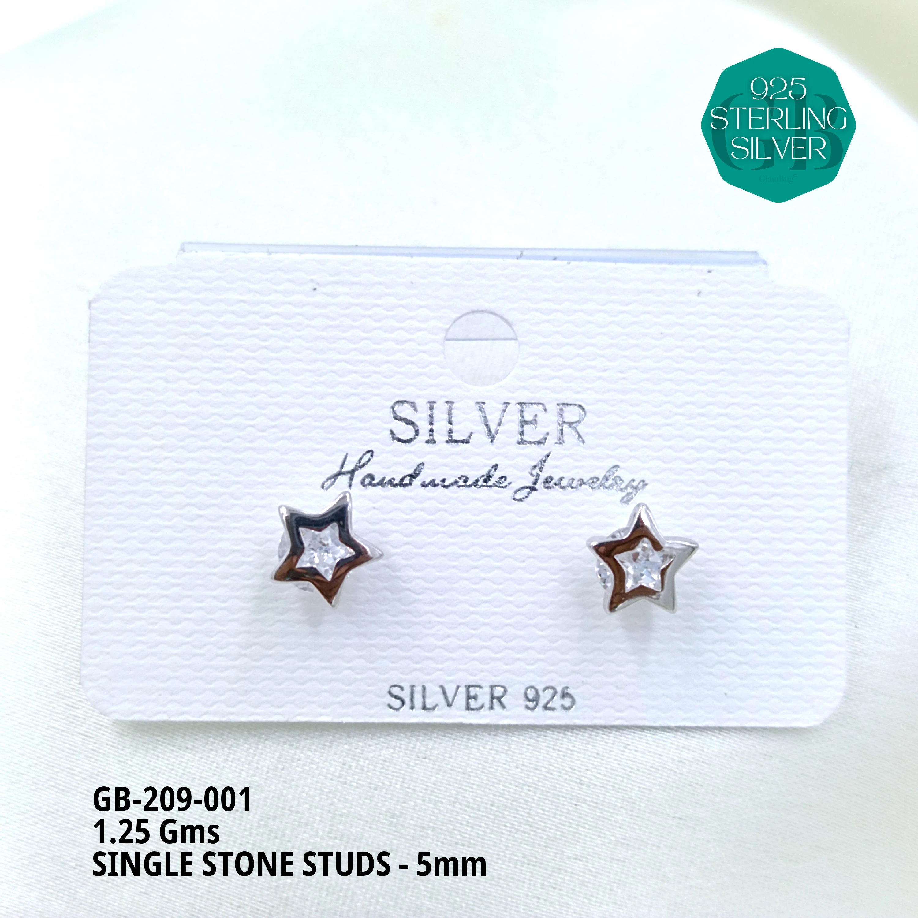 SINGLE STONE STUDS - 5mm - Premium 925 Silver Jewellery - SKU: GB-209-001 - Hyderabad Silver Importers