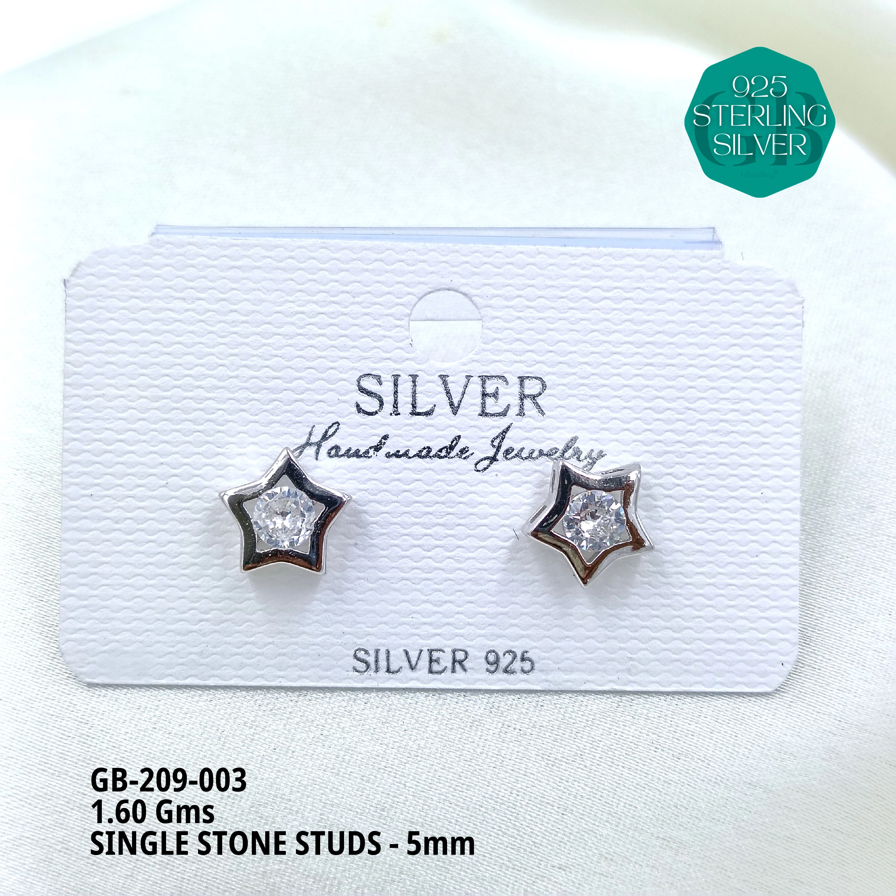 SINGLE STONE STUDS - 5mm - Premium 925 Silver Jewellery - SKU: GB-209-003 - Hyderabad Silver Importers