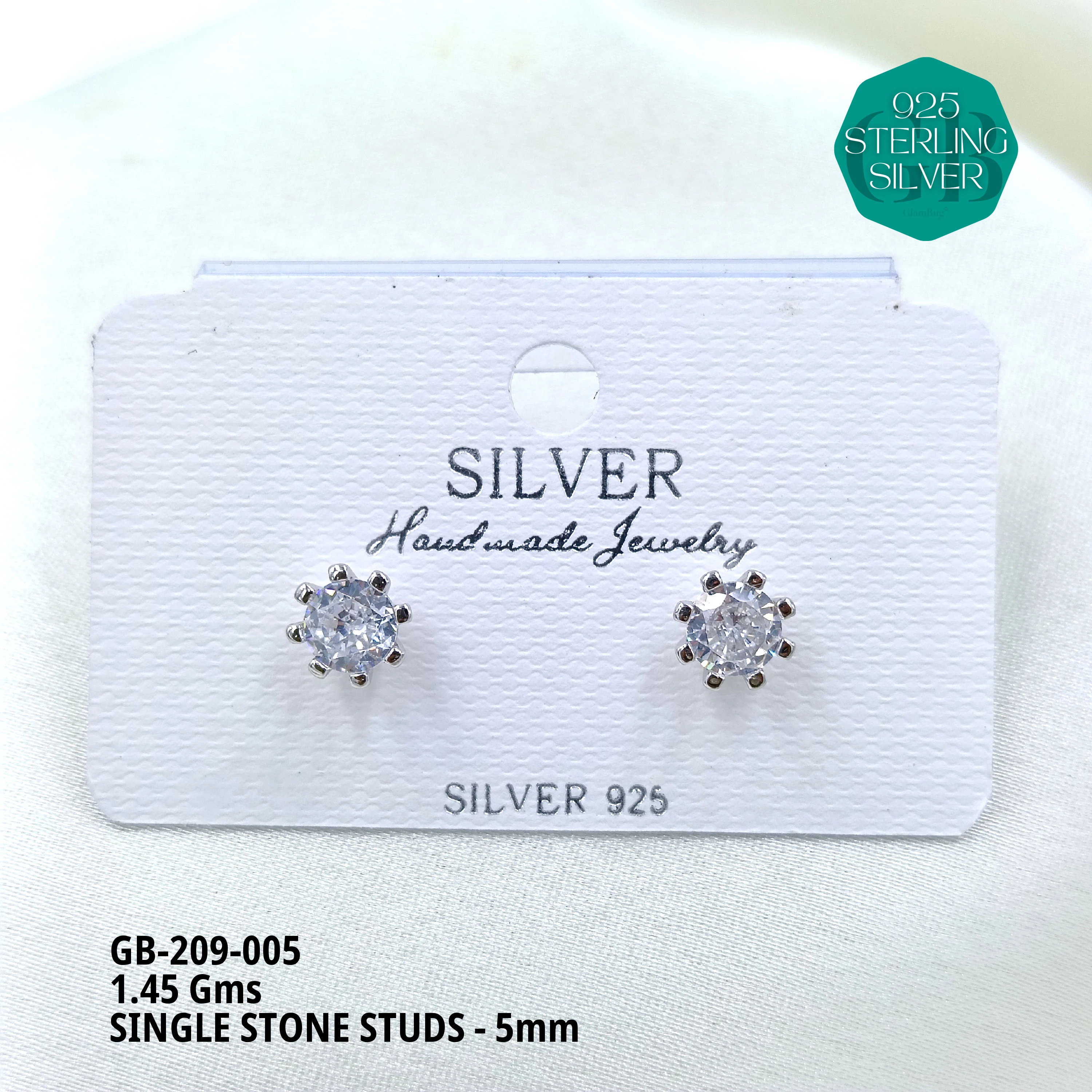 SINGLE STONE STUDS - 5mm - Premium 925 Silver Jewellery - SKU: GB-209-005 - Hyderabad Silver Importers
